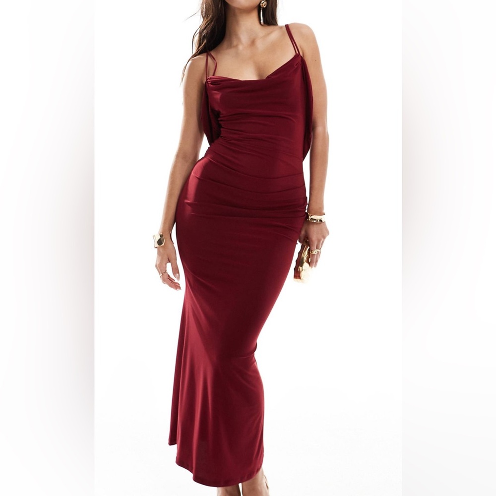 ASOS DESIGN slinky cowl double strap cami midi dress in burgundy